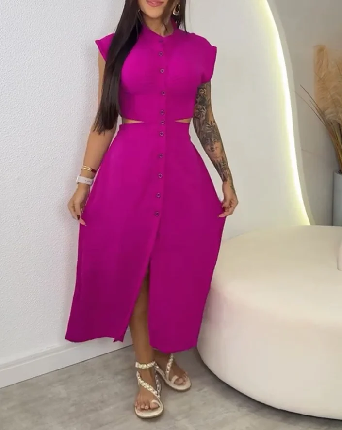 

Stylish Solid - Color Dress: Hollow Button Details and Elastic Waist for a Flattering Fit and Chic Look