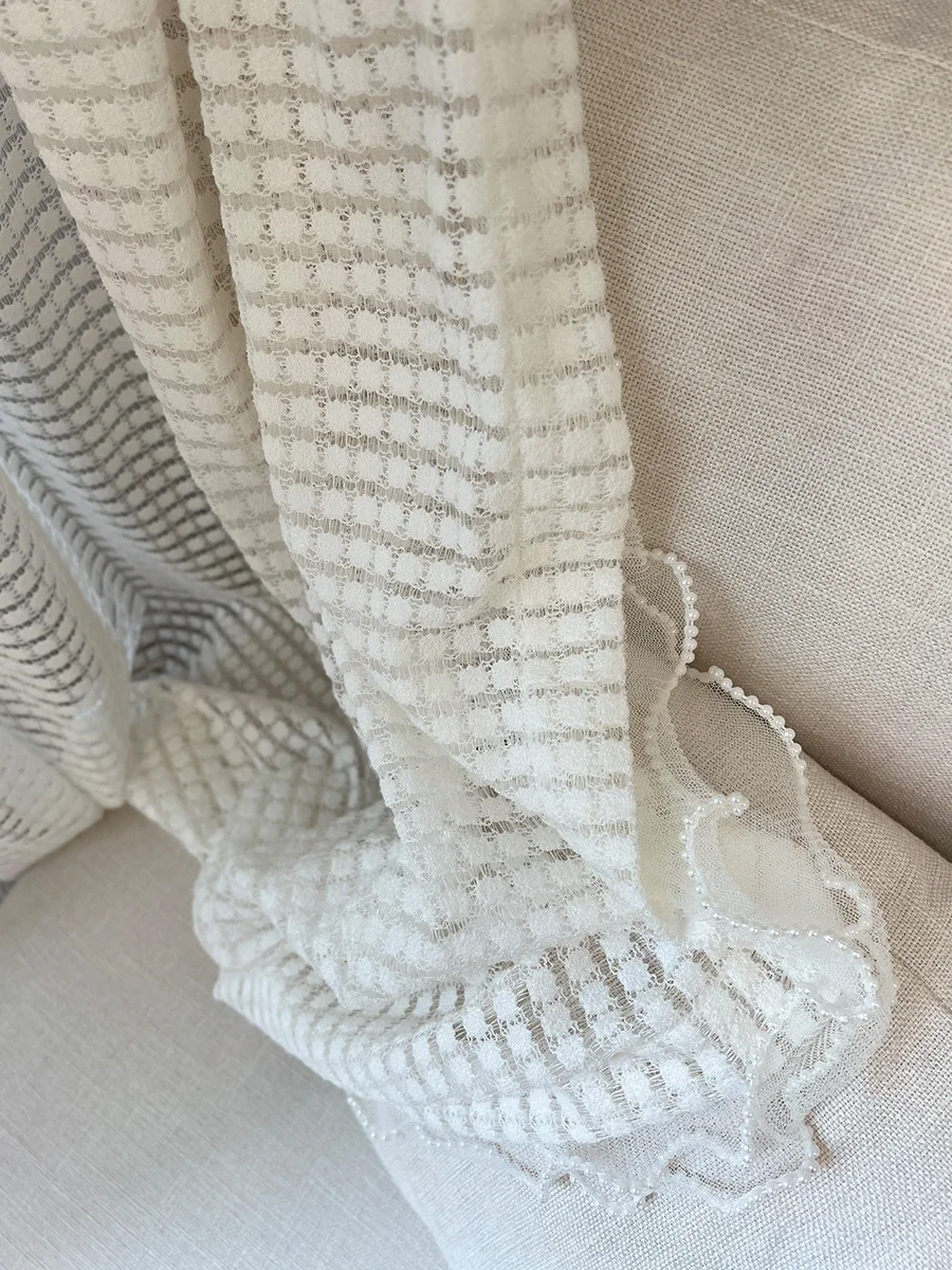 Elegant Jacquard Lattice Hollow Woven Embroidery White Gauze Drapes for Living Room Bedroom Balcony Household Interior Ornament
