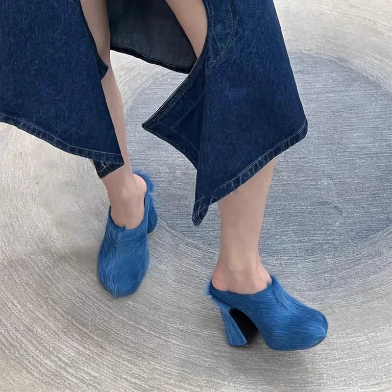 Horsehair Platform Mules Block Heels Square Toe Slip On Fashion Women Summer Unique Slippers Colorful Dress Casual Rubber Shoes