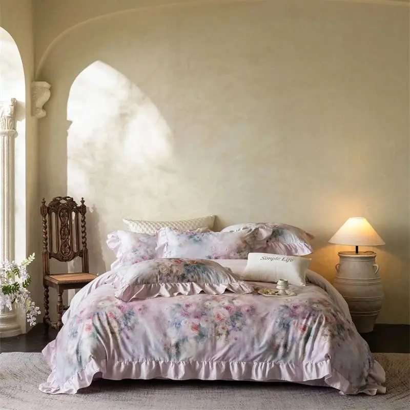 600TC Egyptian Cotton Flowers Print Ruffle Luxury Bedding Set Queen King Size Duvet Cover Flat/Fitted Bed Sheet Pillowcases 4Pcs