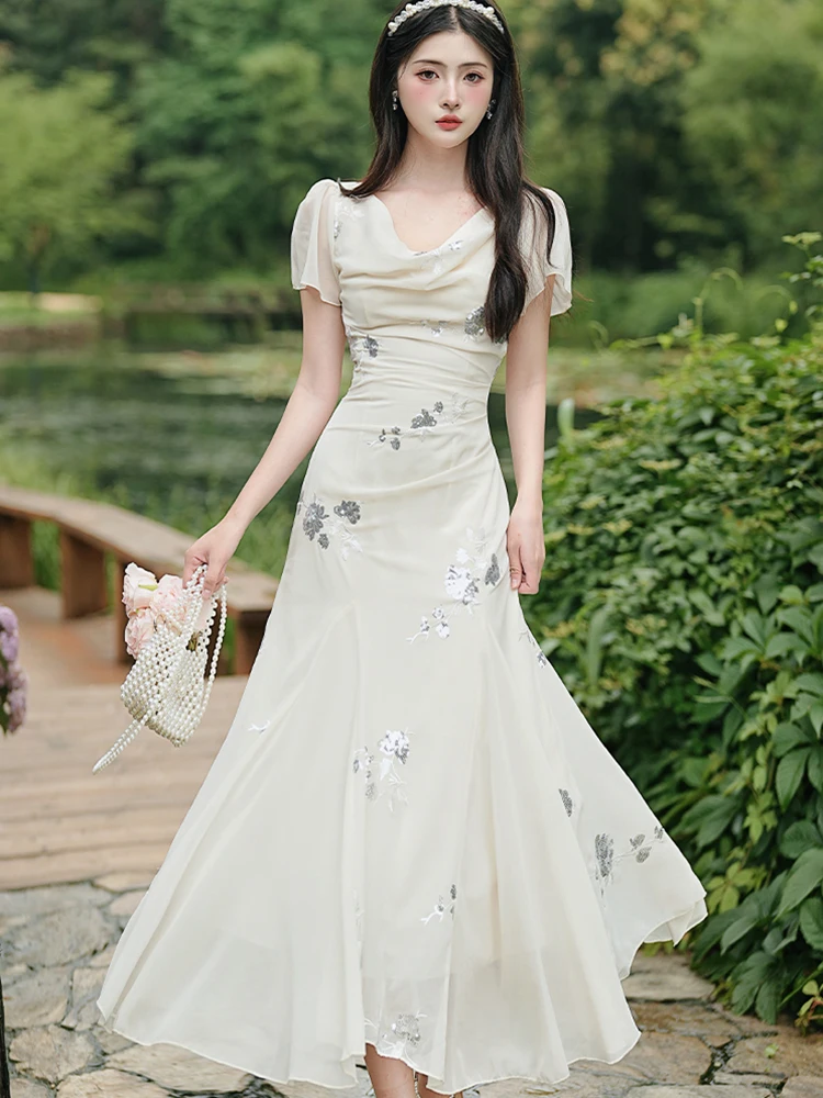 

Summer White Emboridery Floral Swinging Collar Long Dress 2026 Korean Elegant Ruffled Evening Dress Women Vintage Bodycon Dress