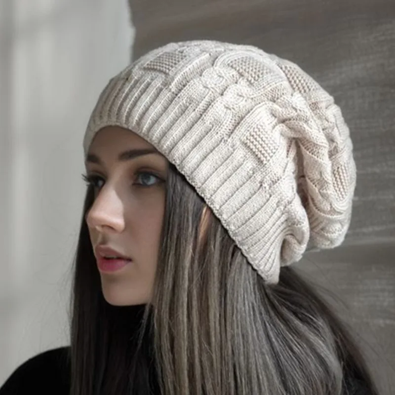 New Winter Beanie Skullies Hats for Women Colorful Big Size Warm Thick Knitted Hat Female Curling Pile Confinement Bonnet Cap