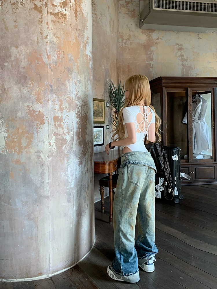 

Американский Sle Винтаж обычный цвет Нерегулярный подол Женские джинсы с низкой талией длиной до пола, хлопковые свободные покроя Four Seasons