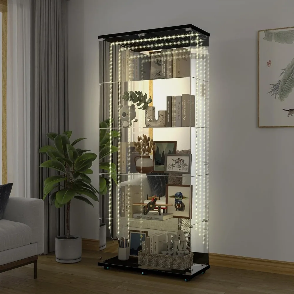 Bluetooth LED Lighted 5-Tier Glass Display Cabinet, 2-Door Floor Standing Curio with Universal Wheels