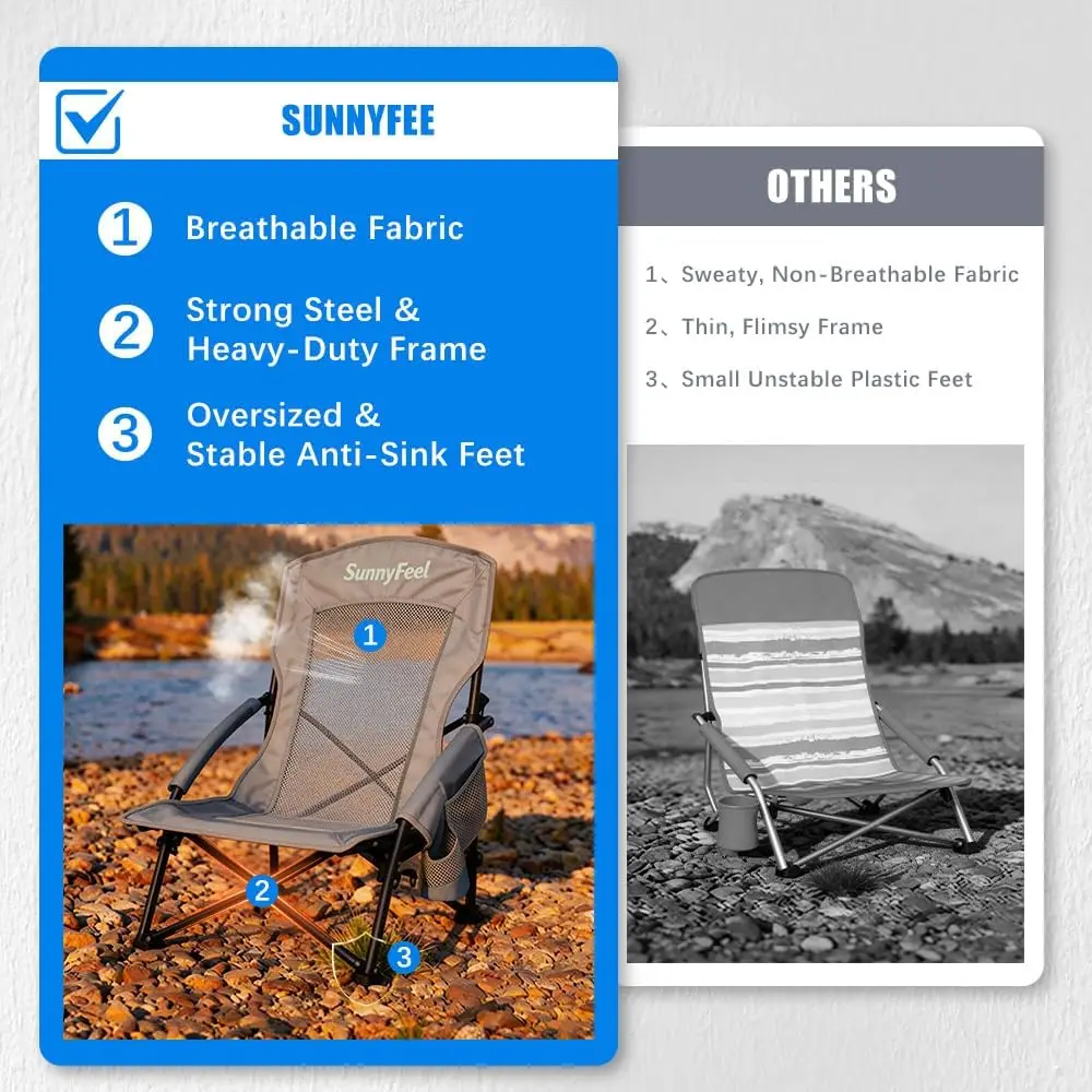 Folding Low Camping Beach Chair 2 Pack, Lightweight Portable Lawn Chair with Mesh Back, Cup Holder for Outdoor Travel Picnic Concert, Foldable Camp Backpack Chair with Carry Bag - view 6