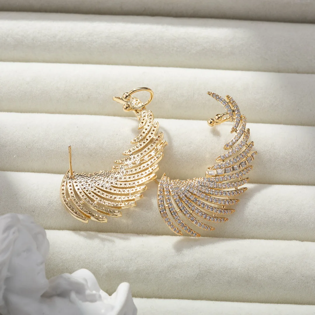 Bilincolor Micro Inlaid Zirconia Hollow Line Angel Wing Earrings for Women