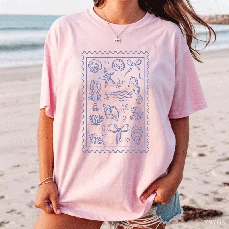 Coquette Seashell T Shirt Coastal Summer Tee Beachy Shell Swim Crewneck T-shirt Trendy Shellfish Ocean Bow Tshirt Women Clothing