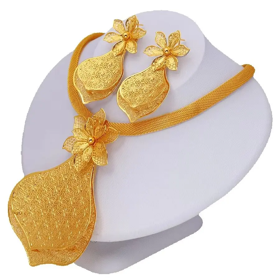 New Dubai Set Women\'s 24K Gold Plated Necklace Earrings African Bride Wedding Jewelry YY10464