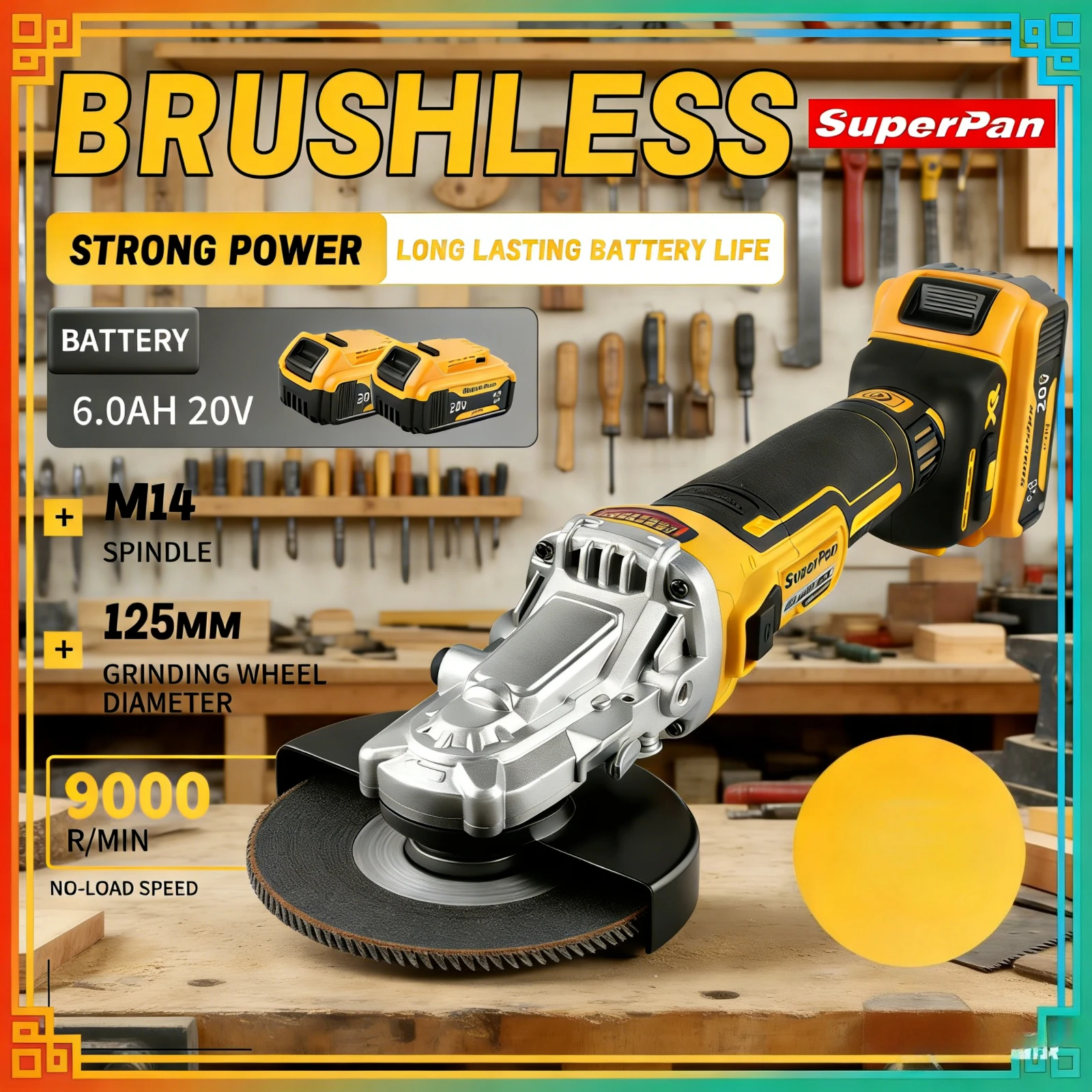 

SuperPan SP405 Brushless Angle Grinder M14 6.0Ah Long Runtime Quick Change for Metal Stone Polishing for dewalt 20V battery pin