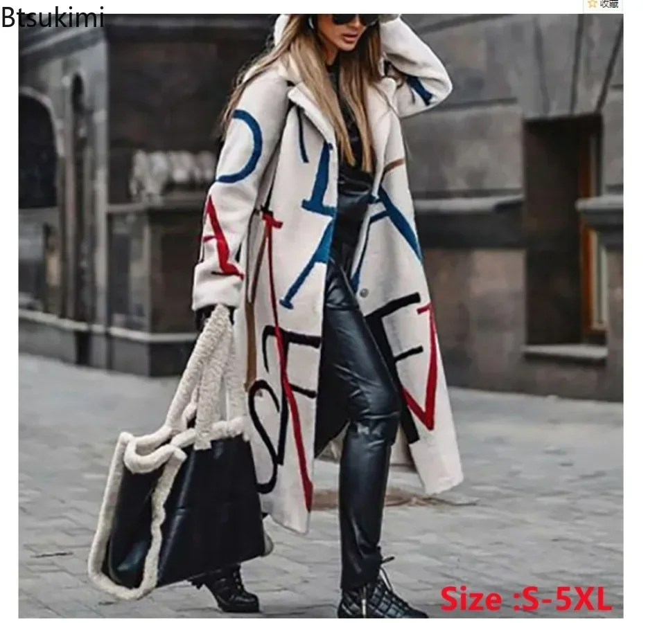 New 2024 Spring Autumn Women\'s Overcoats Matching Plaid Long Sleeve Lapel Coat Printed Woolen Coat Women Clothes Female Coats