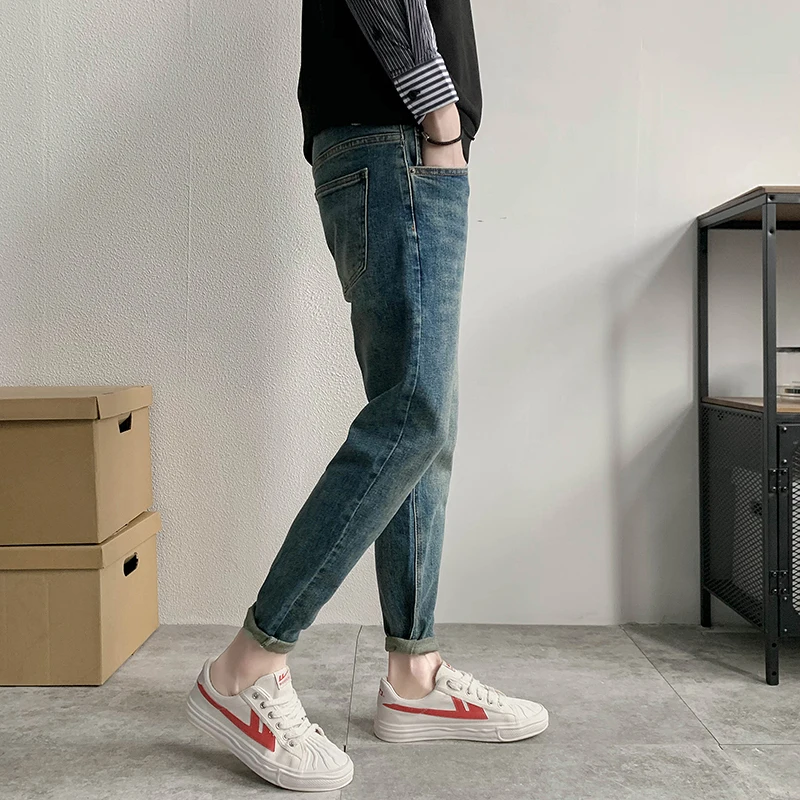 

Spring Blue Slim Fit Stretchy Trendy Casual Jeans Youth ular mid Waist Zipper Closure Long Pants Straight Leg Footwear