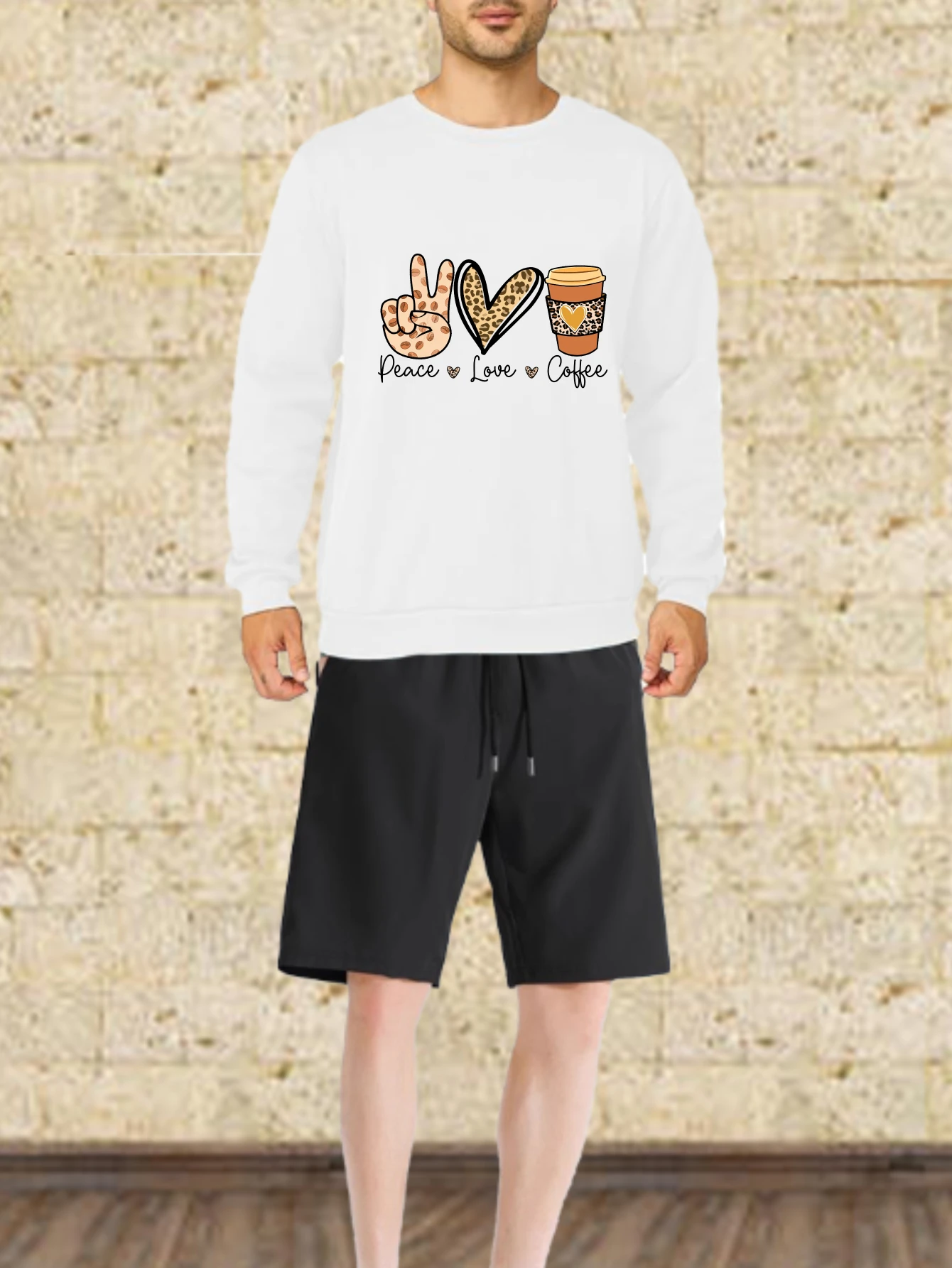 مجموعات الرجال الخريف التجفيف السريع السلام الحب القهوة المطبوعة الجرافيك تي شيرت دعوى الرجال الصيف مجموعة مجموعات للرجال طويلة الأكمام المحملة