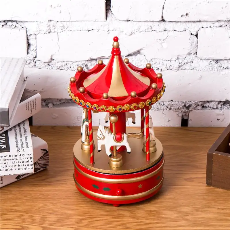 Wooden Wind Up Music Box Carousel Toy Vintage Rotating Merry Go Round Home Ornament for Christmas Decoration
