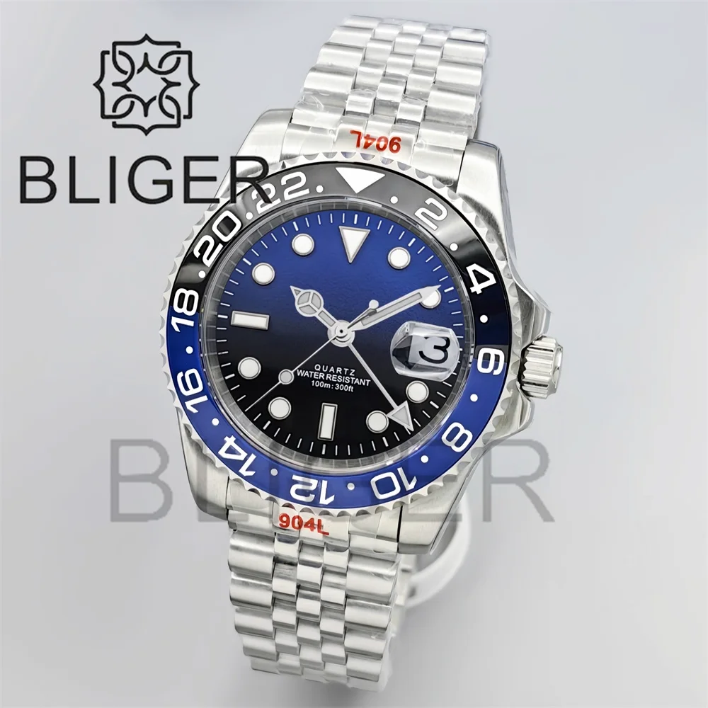 BLIGER 40 مللي متر GMT ساعات رجالية 100 متر مقاوم للماء شعار مخصص السيراميك الياقوت الزجاج الفولاذ المقاوم للصدأ الأعمال التلقائي ساعة رجالية