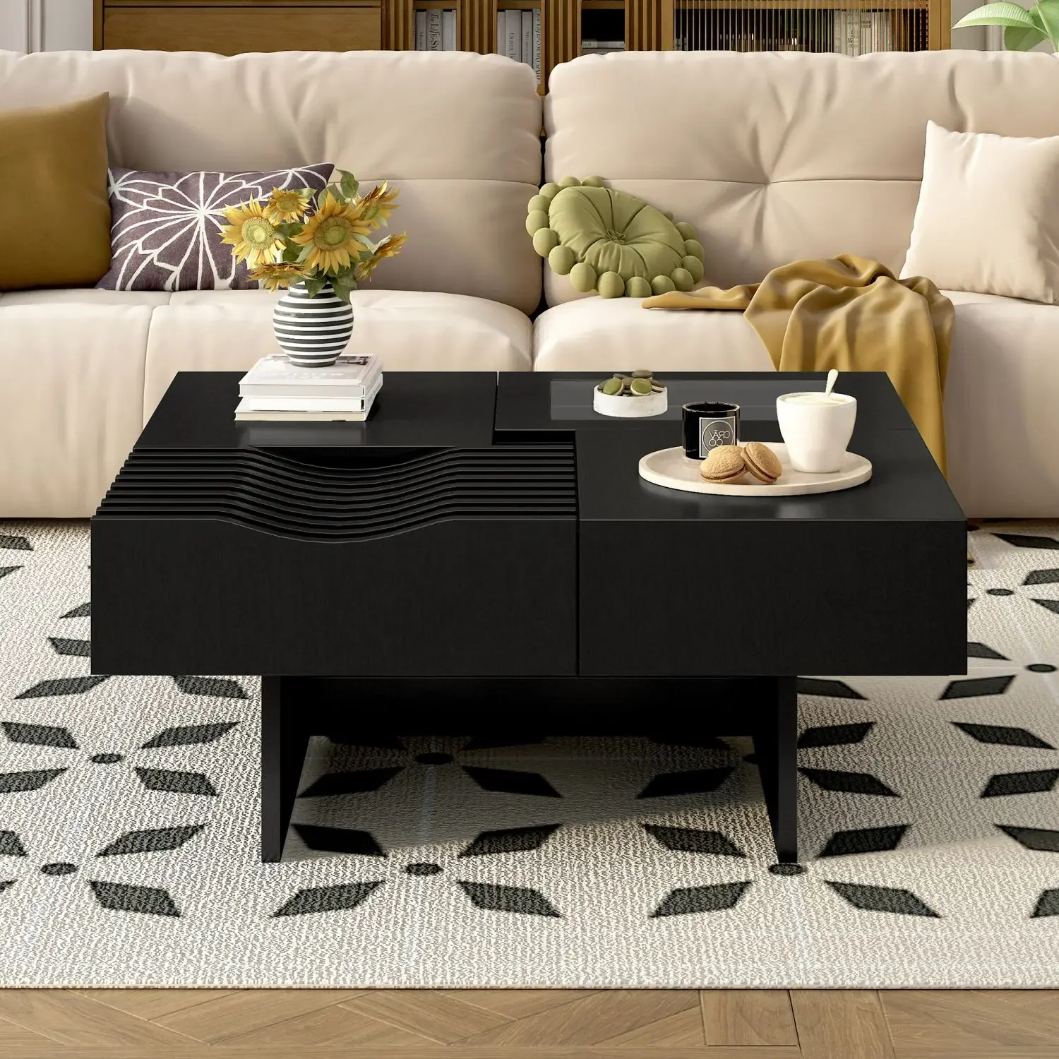 

Современный журнальный столик середины века 33 дюйма, уникальный квадратный столик с 3 ящиками, закаленным стеклом и ножками из массива дерева, деревянный журнальный столик