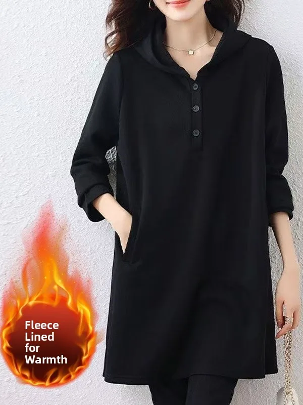 

plus Size Hooded Fce Lined Sweatirt mid Length Casual Top for plus Size Women Winter Thiened Comfortable High Waist