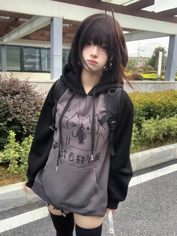 Sweet Cartoon Print Anime Hoodie Grunge Aesthetics Y2k Women Streetwear Tops Patchwork Hooded Pullover Loose Casual Jacket New