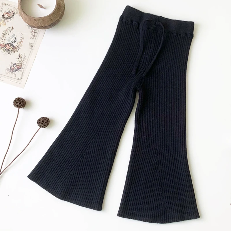 1-7Yrs Baby Girls Trousers Knitted Stripe Stretch Versatile Autumn Infant Girls Flare Pants Toddler Girls Wide-leg Pants Korean