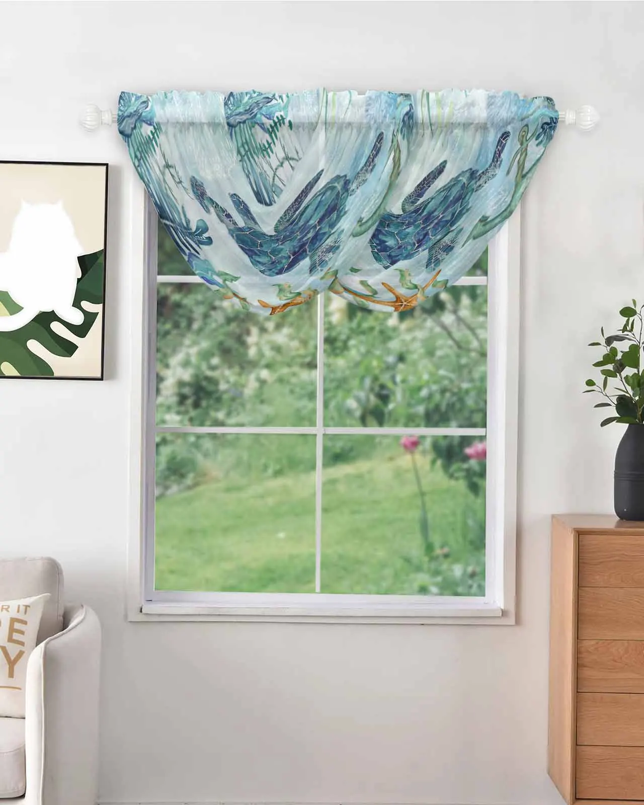 Retro Marine Life Turtle Seaweed Starfish Anchor Irregular Tulle Curtains for Living Room Sheer Curtain Kitchen Voile Drapes