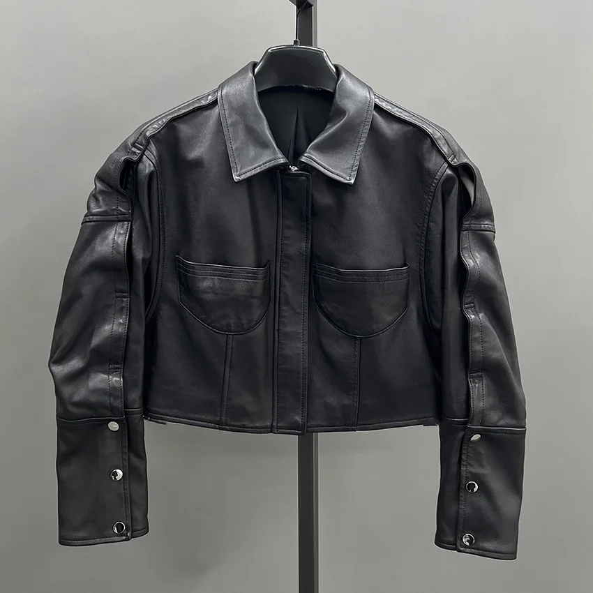 JANEFUR femmes printemps noir en cuir véritable veste courte en peau de mouton manteau automne lâche en cuir véritable pardessus JFB6-25002