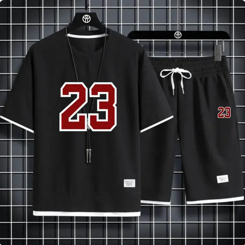 

Men's summer short-sleeved T-shirt set, a stylish casual top and sports shorts two-piece set