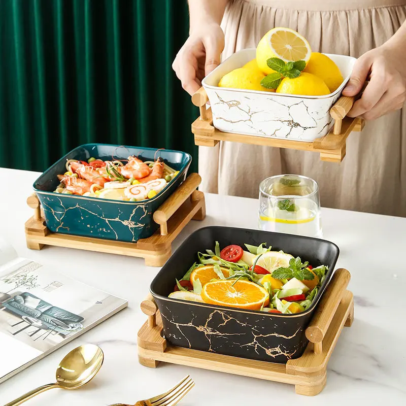Nordic creative fruit salad bowl wholesale wooden frame square marble ceramic fruit plate simple square dessert plate