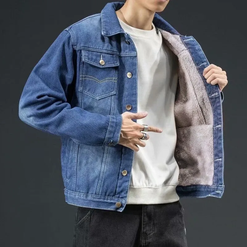 Autumn Winter Denim Cotton For Men With Thick Velvet Large Size Warm Coat, Korean Handsome And Versatile Student Jacket