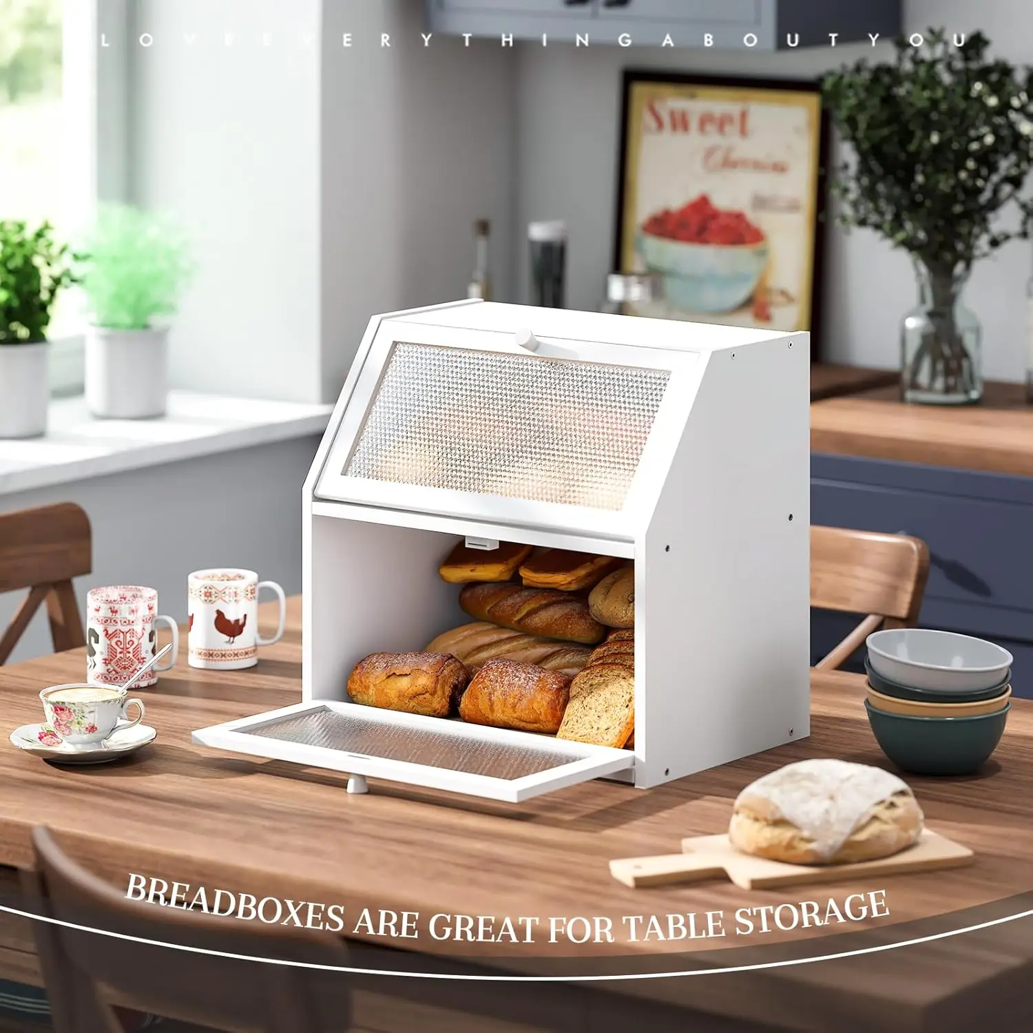 صندوق خبز كبير جدًا بطبقة مزدوجة مع نوافذ بنمط ماسي، حاوية تخزين للمطبخ باللون الأبيض