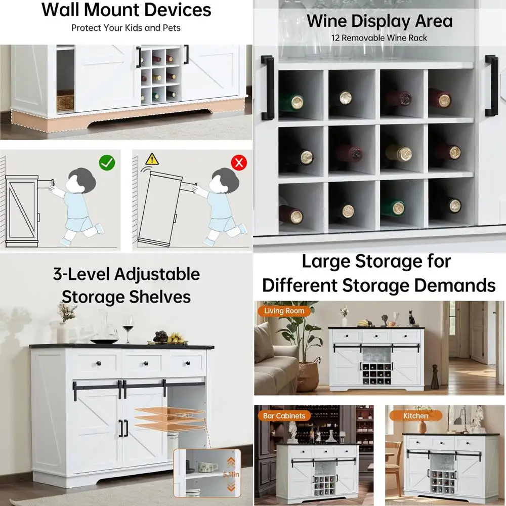 

Large 54 Rustic Buffet Cabinet with Storage, Sliding Barn Doors, Wine Rack for Living/Dining Rooms