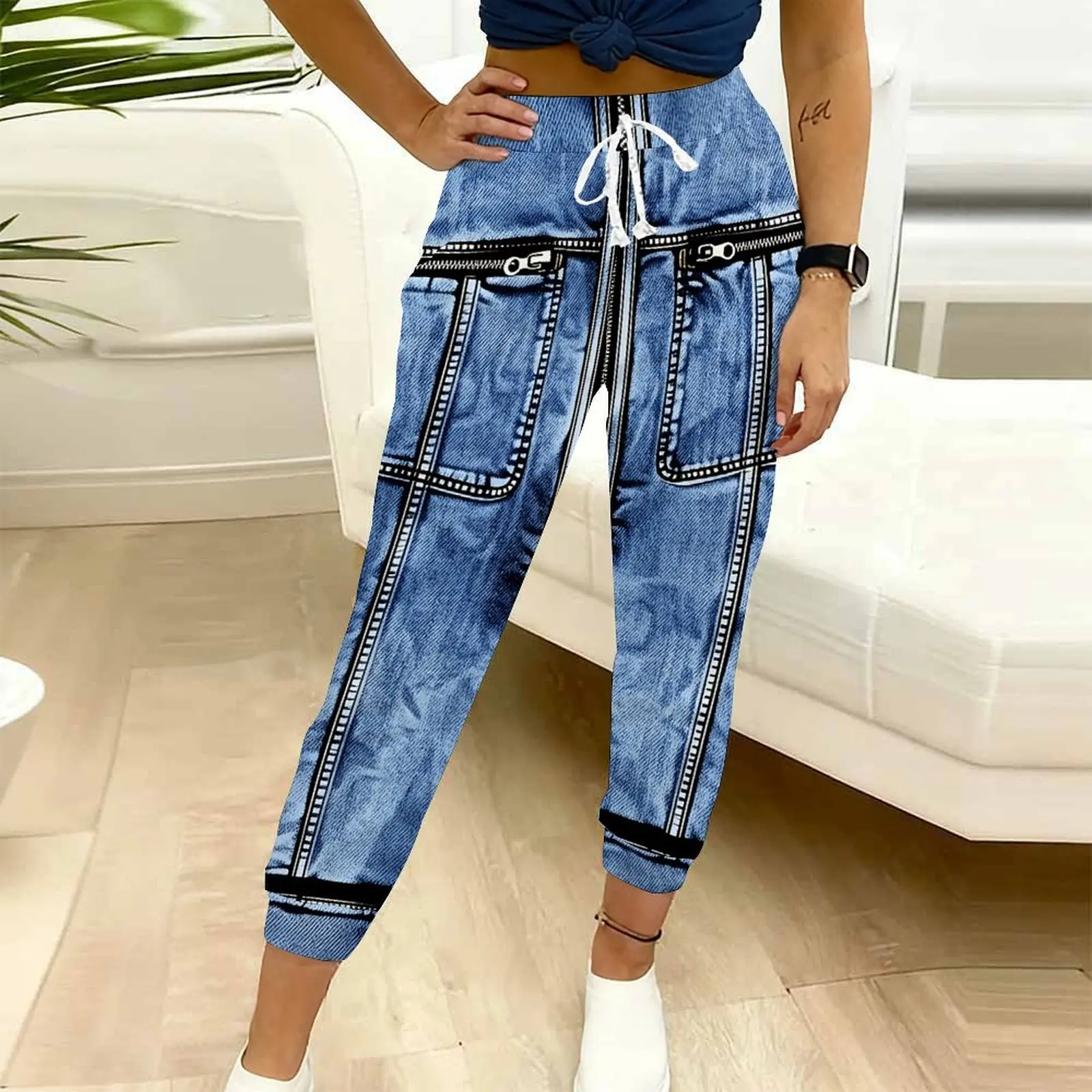 Autumn Winter Women's Printed Ninth Pants Drawstring Pocket Sjogging Pants Vacation Casual Pants