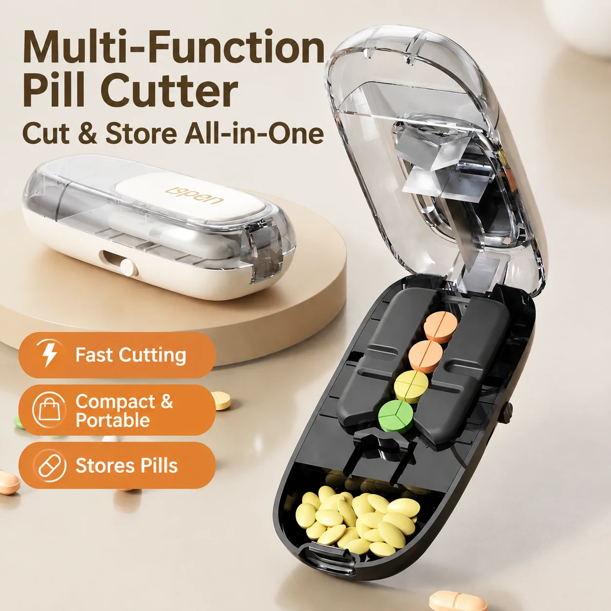 Latest Model Portable Travel Precision Pill Splitter with Storage Compartment Tablet Cutter Dust-Proof for Small and Large Pills