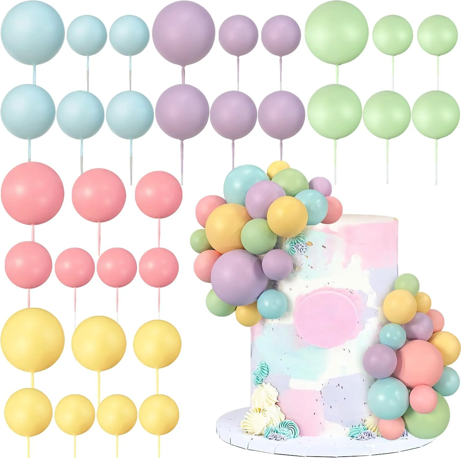 30Pcs Colorful Cake Ball Happy Birthday Cake Topper Sticks Gold Pink Blue Balls For Cupcakes Birthday Wedding Party Decorations