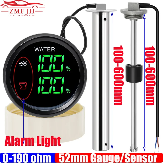 Cyfrowy podwójny miernik z alarmem 52MM poziom wody + miernik poziomu ścieków dla czujnika poziomu wody/świerci 0-190ohm łódź samochód 12V24V niestandardowe