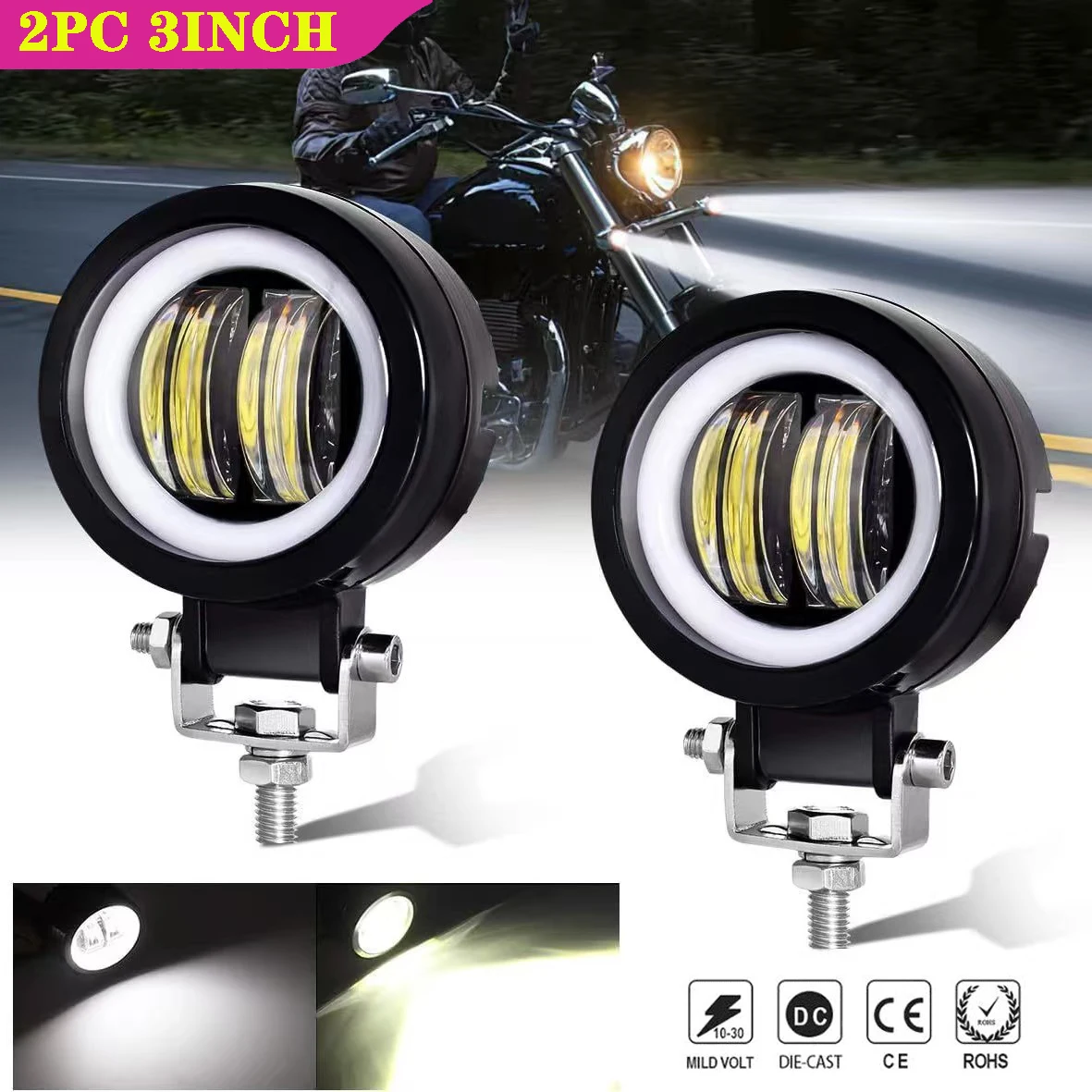 

2PC 3 Inch 7D Lens LED Work Light Super bright spotlight Car Headlight 6000K, For Motorcycle ATV SUV Angel Eyes Driving Lights