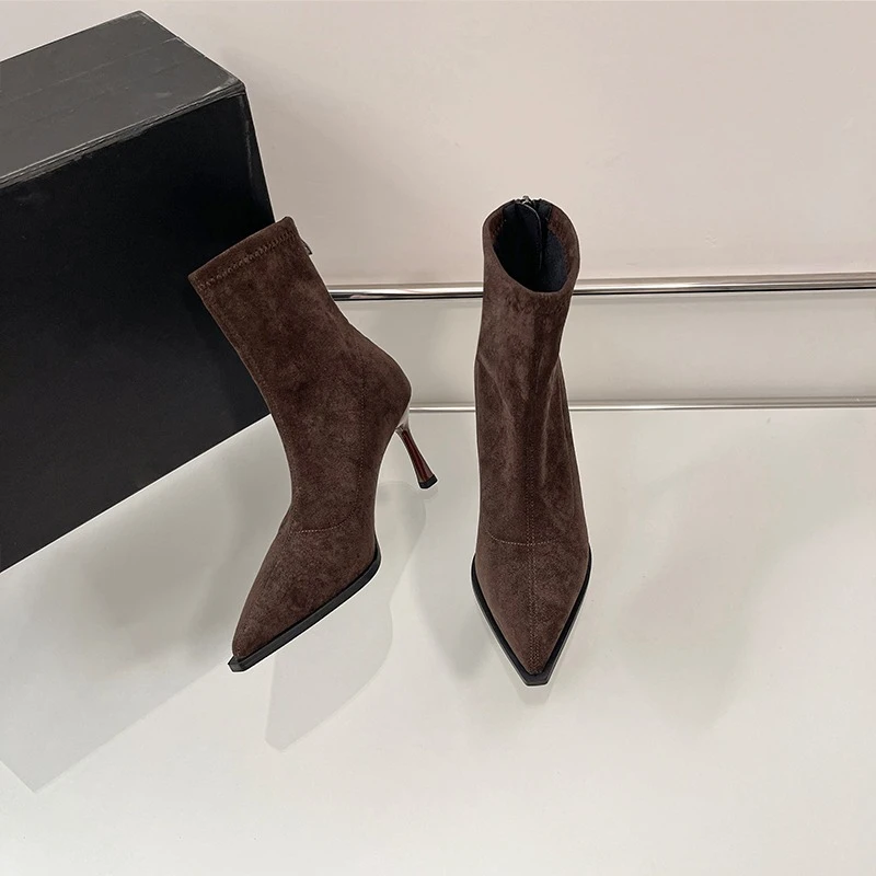 Pointed Toe Women's High Heel Ankle Boots Fashion Elegant Dancing Party Shoes Autumn Winter Women's Stretch Slim Short Booties