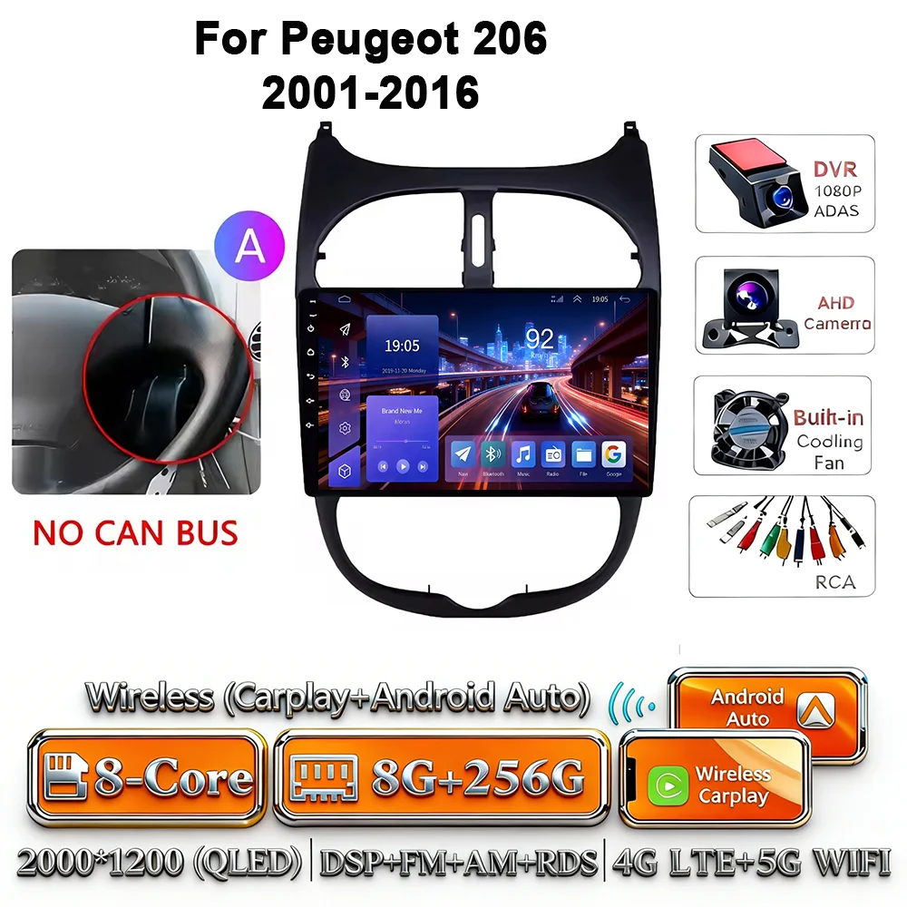 Android 17 Carplay Android Auto 4G WIFI autoradio voor Peugeot 206 2001-2016 GPS DSP BT touchscreen multimediasysteem navigatie stereo