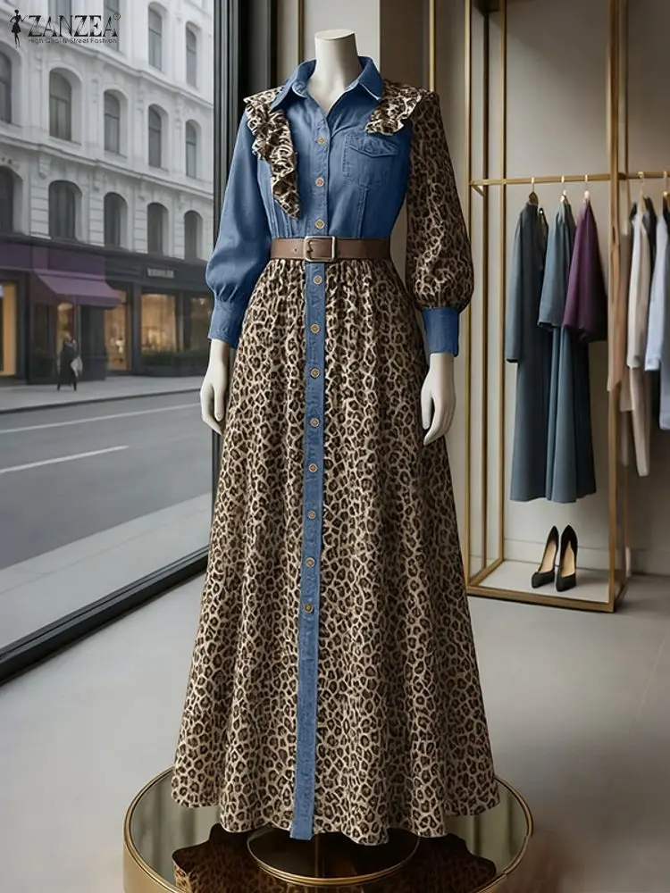 ZANZEA Fashion Women Denim Long Shirt Dress Long Sleeve Leopard Print Maxi Vestidos 2025 Patchwork Party Elegant Ruffled Robe