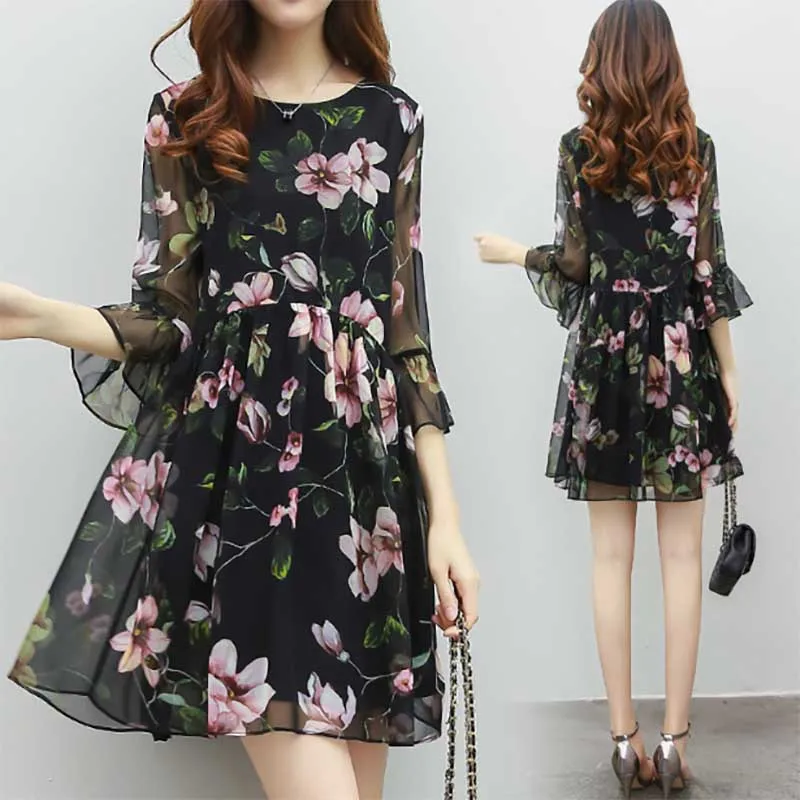 

Elegant Printed Spliced Butterfly Sleeve Chiffon Floral Dress Women Clothing 2024 Spring Summer New Loose Office Lady Mini Dress