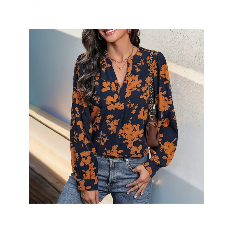 Women'S European & American Style French-Inspired Round Neck Printed Shirt - Vibrant Orange Floral Pattern