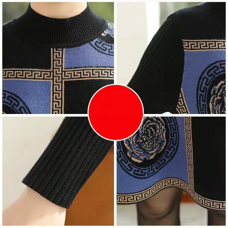 Retro พิมพ์ผู้หญิงถักเสื้อกันหนาวสำหรับฤดูใบไม้ร่วงฤดูหนาวครึ่งคอเต่าเข่าแขนยาวด้านล่างเสื้อผ้า Pullover