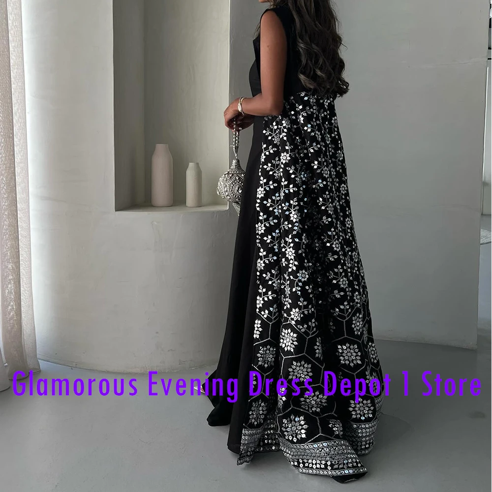 Customized  Fomal Sequined Off The Shoulder Satin Evening Dresses Modern A-Line Floor Length Square Neck Short Sleeves