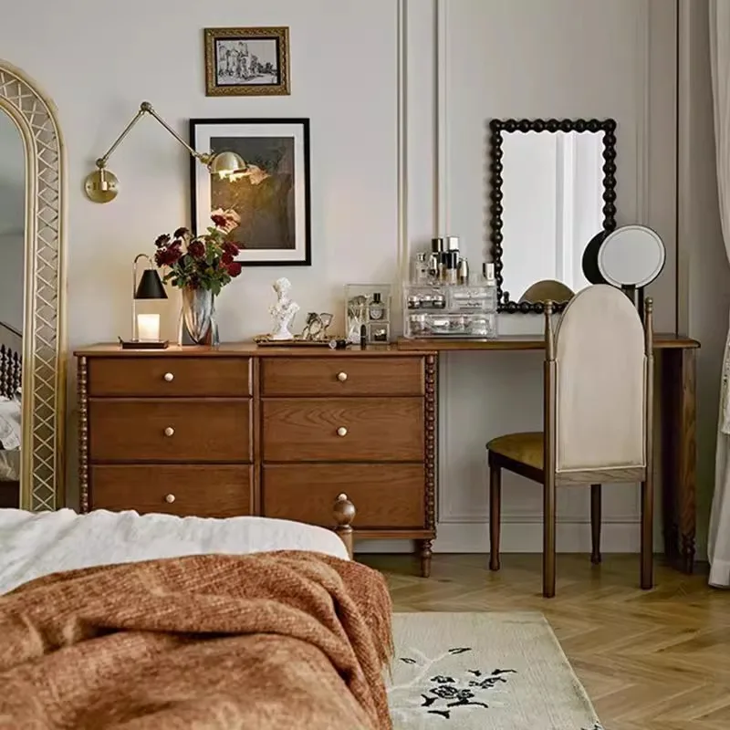French retro solid wood chest dressing table, antique household bedside retractable multi-functional storage makeup table