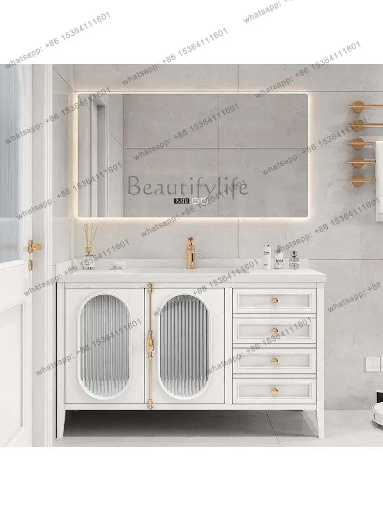 

French oak bathroom cabinet combination rock slab seamless ceramic integrated basin washstand floor light luxury