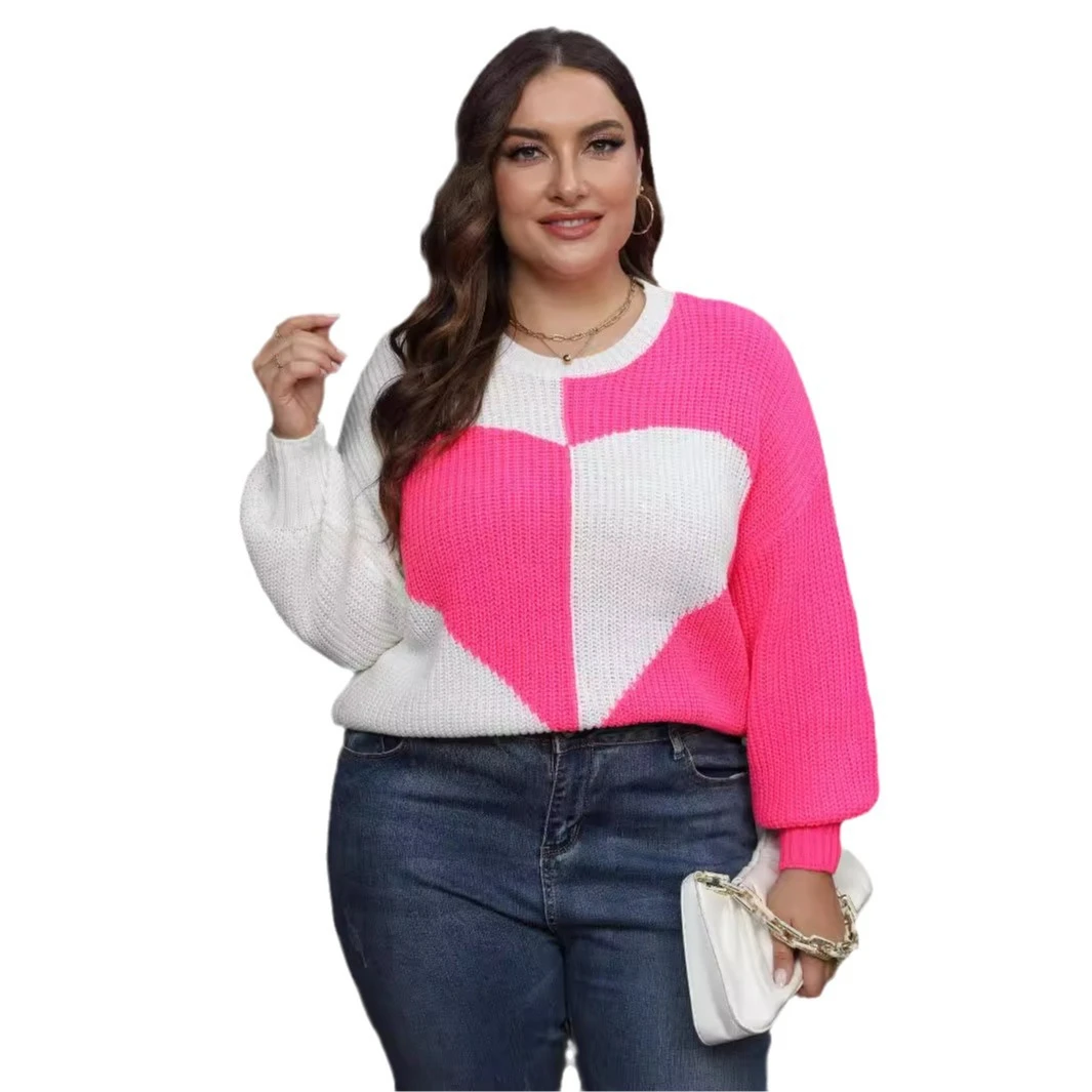 Plus Size Women's White Rose Red Patchwork Knitted Sweater O Neck Oversized Winter Clothing for Women Loose Fashion Autumn