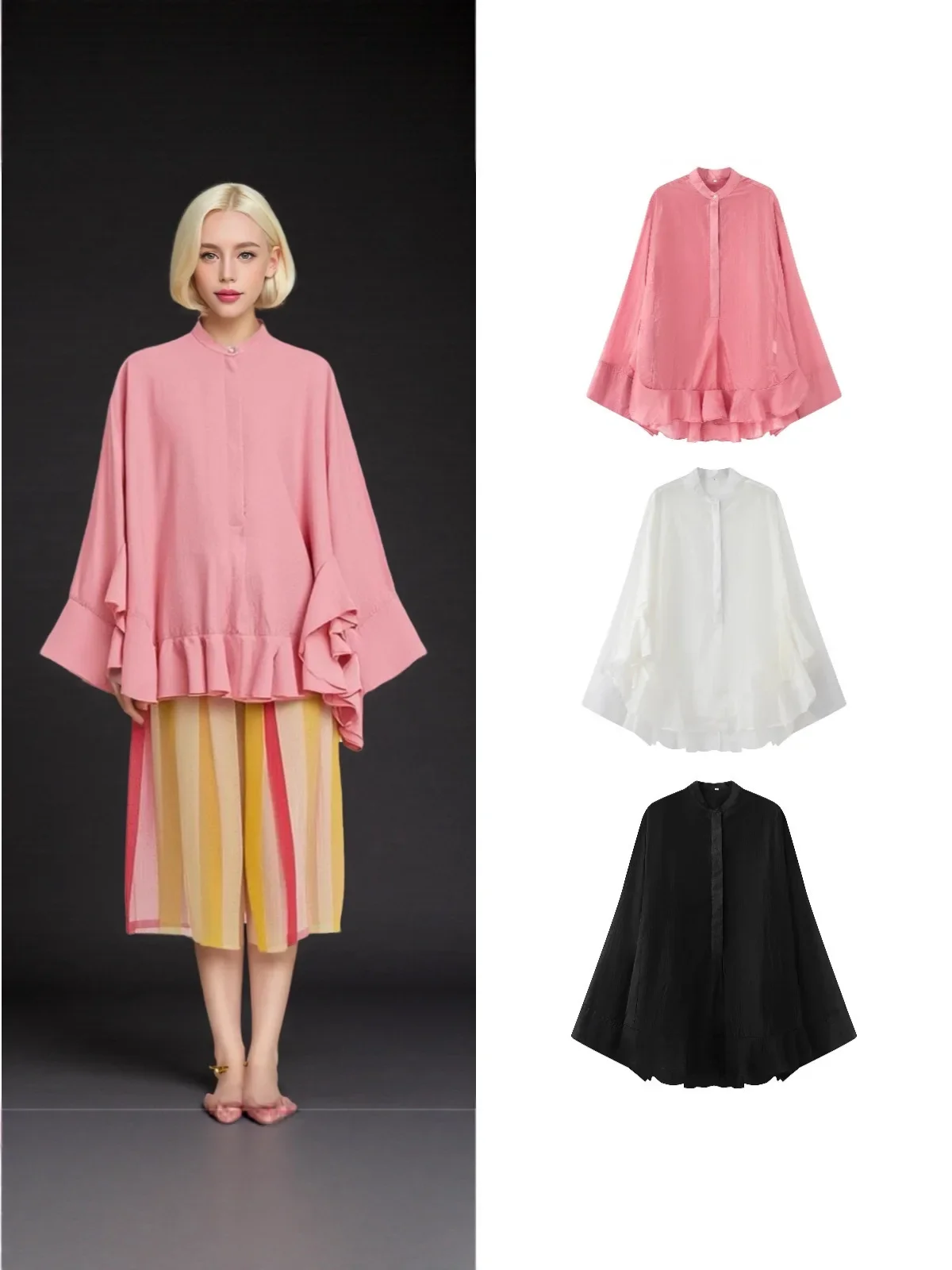 

Casual Ruffles Hem Shirts Casual Oversize Women Tierred Single Breasted Autumn Pleated Elegant Blouse