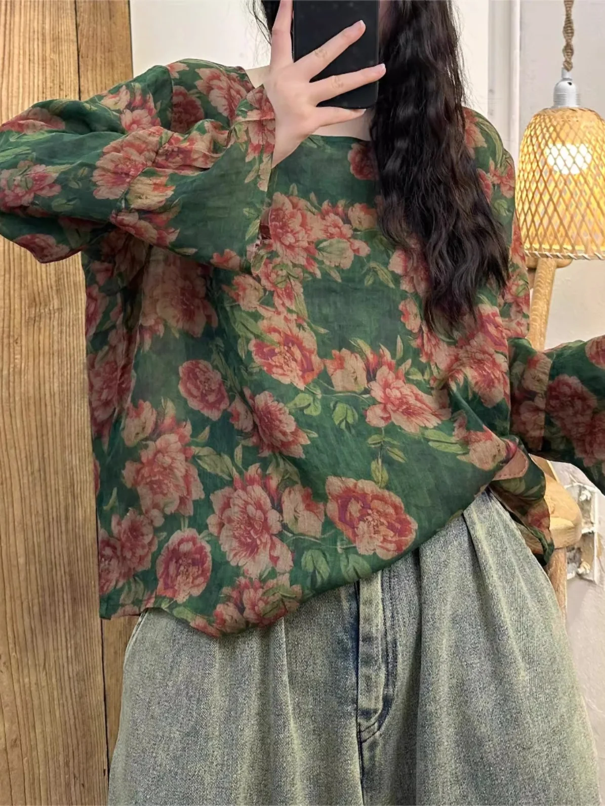 

Новая женская блузка из льна и хлопка в стиле ретро с круглым вырезом, свободного кроя, с длинным рукавом, с принтом, в этническом стиле, весна-лето