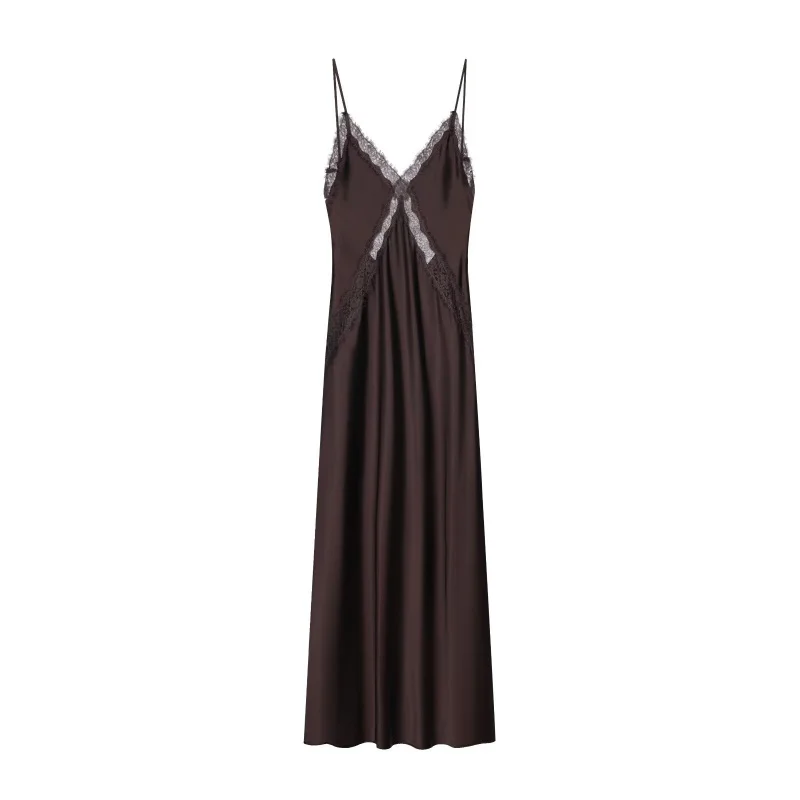 Sukienka damska na wiosnę i jesień, dekolt w serek, bez rękawów, odkryte plecy, koronkowe wstawki, satynowa tekstura, długi fason, zapięcie na zamek z tyłu, wiązana na szyi, seksowna odzież damska.