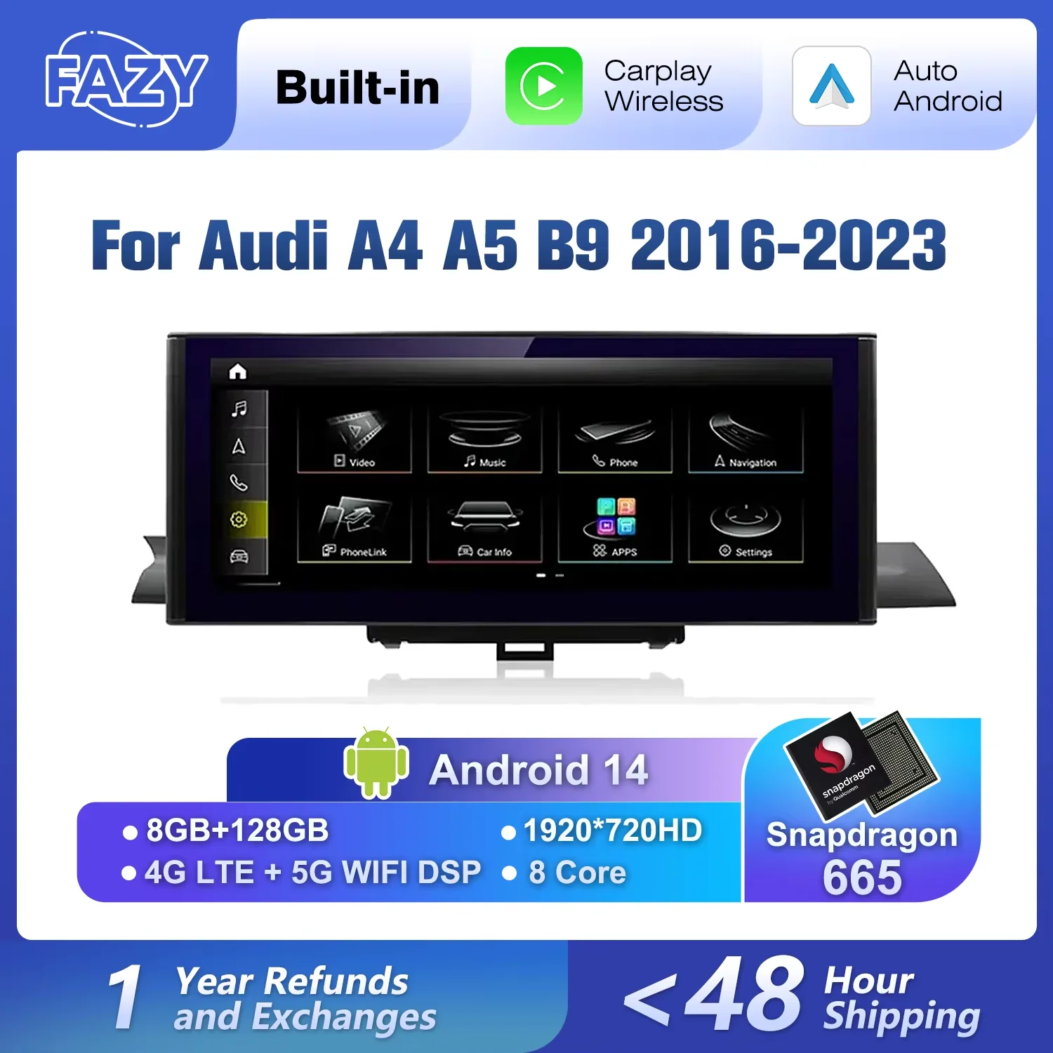 Android 14 Wireless Carplay Multimedia Player For Audi A4 A5 Q5 B9 2016-2023 WIFI 4G BT DSP Touch Screen GPS Stereo Navi Player