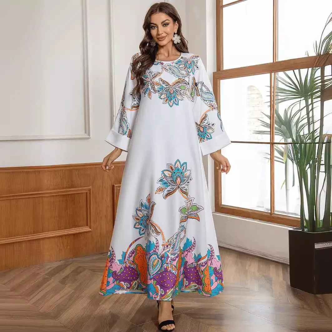 

Muslim White Dress 2024 Summer Heavy Craftsmanship Hot Diamond Shiny Fashion Commute Casual Elegant Jalabia Women's Robe