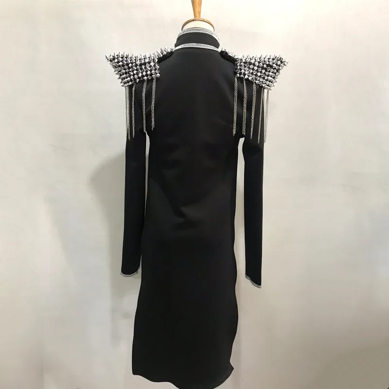 ネイルタッセルショルダーブラックボディスーツマント女性のグループジャズパフォーマンスダンス衣装ポールダンスステージフェスティバル衣装 XS3990